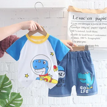 Erkek bebek Giysileri Yeni Yaz Çocuk Karikatür Dinozor Kıyafetler T-shirt + Kot Şort 2 adet / takım Bebek Rahat Yürümeye Başlayan Kız Giyim