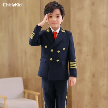 Erkek Pilot Üniforma Takım Elbise Ceket Resmi Elbise Çocuklar Cosplay Kaptan Havacılık Giyim Setleri Çocuk Smokin Yürümeye Başlayan Cadılar Bayramı Kostümleri