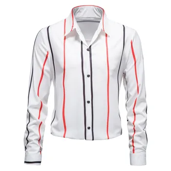 Erkek Sonbahar Kış Gevşek Üst Gömlek Düğmesi Rahat Gevşek Şerit Baskı Bluz Üst Yaka Uzun Kollu Beyaz beyzbol gömlekleri erkekler