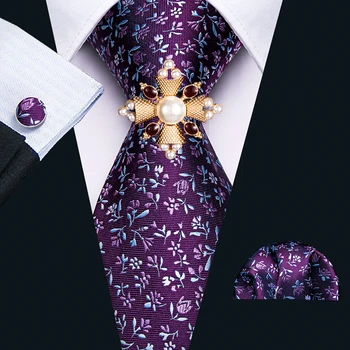 Erkekler Kravat Mor Paisley Kravat Gravat Mendil Kol Düğmeleri Broş Seti ipek kravatlar Yeni Parti İş Erkekler için Moda
