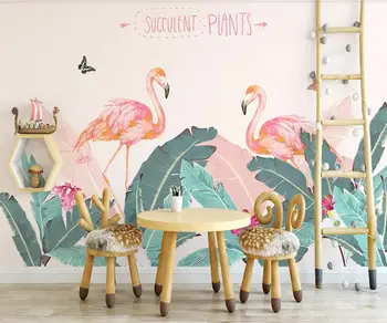 Flamingo Tropikal Duvar Kağıdı Duvar Resimleri 3D Fotoğraf duvar kağıdı duvar sanat dekoru yapışkan kağıt Ev Geliştirme Muz Yaprakları Duvar Kapağı