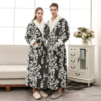 Fransız Kıyafeti Çift Pijama High-End 3D Jakarlı Gecelik Erkekler Kadınlar Kış Kalın Bornoz Sıcak Elbise Büyük Boy Ev Tekstili