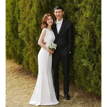 Fransız Saten düğün elbisesi Retro Basit Yuvarlak Boyun Gelin Düğün Açık Seyahat Fotoğrafçılığı kapıdan Gazlı Bez İnce Elbise