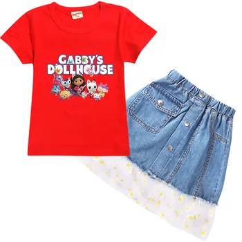 Gabby'nin Dollhouse Giysileri Çocuklar Yaz Giyim Bebek Kız Kısa Kollu T Gömlek + örgü Kot Etek 2 adet Setleri Kızlar Butik Kıyafetler