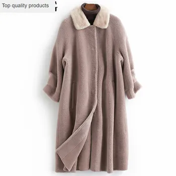 Gerçek Yün Kürk Ceket Kadın Doğal Vizon Kürk Yaka Koyun Kesme Palto Uzun Sıcak Sonbahar Kış Ceket Kadınlar YQ291