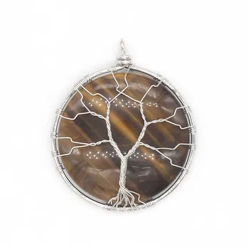 Gül Pembe Kuvars Gümüş Kaplama Tel Sarma Yuvarlak Kolye Rhodonite Taş hayat Ağacı Takı