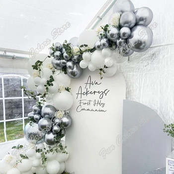 Gümüş Düğün Doğum Günü Partisi Zemin Bebek Duş Beyaz Tatil Yemek Masası 4D Alüminyum Folyo Dekorasyon İşareti Balon Garland