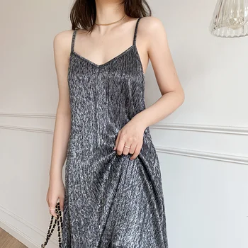 Gümüş Pilili Elbise Parlak 2023 Yeni Yaz Fransız Vintage Seksi Tatil Bir Çizgi Kolsuz Midi Elbiseler Kadın Vestidos