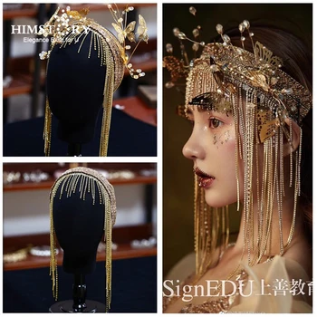 Hımstory Muhteşem Vintage Avrupa Gelinler Bantlar Uzun Püskül Altın Kelebek Saç Aksesuarı Takı Hairwear