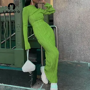 INGOO Vintage Fırfır Uzun Kollu Pileli Maxi Elbiseler Kadın Zarif Parti Kulübü Yeşil Seksi Yuvarlak Boyun Ince Elbise Dantelli Vestidos
