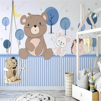Iskandinav Karikatür Ayı Duvar Kağıdı Çocuk Odası için Küçük Hayvanlar çocuk odası arka plan duvar kağıdı 3D duvar resimleri yatak odası dekoru