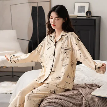 İlkbahar ve Sonbahar Yeni Pijama kadın Hırka Uzun Kollu Örme Pamuk Koreli kadın Besi ve Gevşek Oturan Ev Takım Elbise