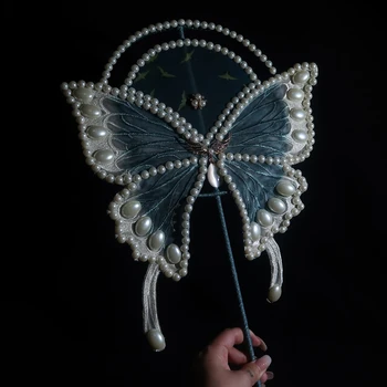JaneVini Klasik Çin Düğün Gelin Buketleri Fan Uzun Saplı Yapay Dantel Kelebek Tipi İnciler Hanfu Fotoğraf El Fan