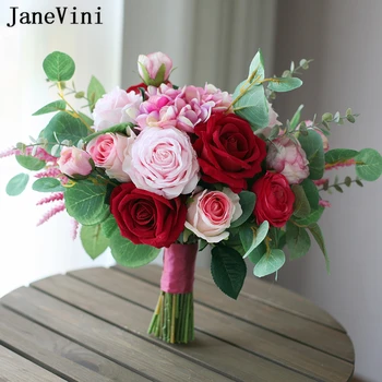 JaneVini Zarif Pembe Kırmızı Düğün Buketleri Yapay Gelin Ipek Gül Nedime Tutan Çiçekler Ramos De Flores Damas De Onur