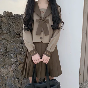 Japon Okul Jk Üniformaları Kız Denizci Üniforma Uzun Kollu Pilili Etek Okul Kıyafet Giysileri Giyim Çorap Seti