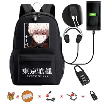 Japon Tokyo Ghoul Anime Su Geçirmez Okul Çantalarını Laptop Sırt Çantası Seyahat USB okul sırt çantası Büyük Kapasiteli Mochila Öğrenci İçin