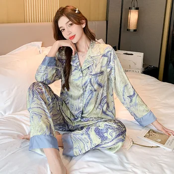 Jxgarb 2023 Bahar Yeni Saten Boyama Pijama Setleri Femme Yüksek Kaliteli Uzun Kollu Pantolon Buz İpek Kıyafeti