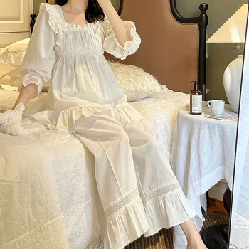 Kadın %100 % Pamuk İki Adet Pijama Setleri Prenses Vintage Kare Yaka Uzun Pijama Bahar Tam Kollu Pijama Loungewear