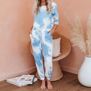 Kadın batik İki Parçalı Pijama Seti Uzun Kollu Kazak Uzun pantolon Pijama