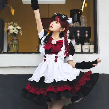 Kadın Cosplay Küçük Şeytan Cadı Lolita Elbise Moda Siyah ve Kırmızı Hizmetçi Elbiseler Gotik Tarzı Koyu Üniversite Lolita Set Kostüm