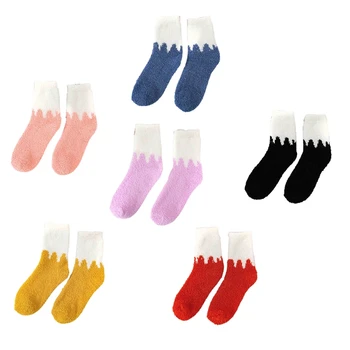 Kadın Kış Sıcak Bulanık Terlik Çorap Sevimli Süt Kontrast Renk Patchwork Mercan Kadife Kalın Kabarık Kat Uyku Çorap