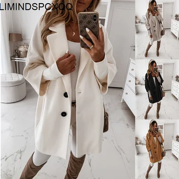 Kadın Sonbahar Gevşek Yün Karışımları Palto Kış Rahat Üç Çeyrek Kollu Tek Göğüslü Ceket Dış Giyim Gevşek 2XL Uzun Paltolar
