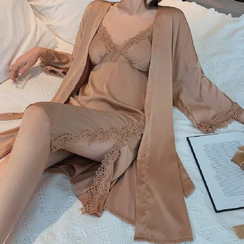 Kadın Twinset Bornoz Seti Seksi Dantel Trim Kimono Bornoz Elbisesi Bahar Yaz Pijama Gecelik Gevşek Ipek Saten Ev Elbise