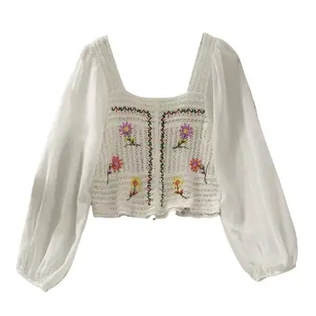 Kadınlar Tatlı Şifon Puf Uzun Kollu Gömlek Kare Boyun Çiçek Nakış Tığ Örgü Bluz Fransız Tarzı Retro Rahat Gevşek