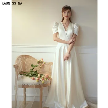 KAUNISSINA Saten düğün elbisesi Uzun Kore gelinlikler Kadınlar A-Line Zarif Basit Düğün Parti resmi elbiseler Gelin için