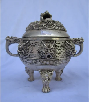 koleksiyon eski antika tibet gümüş oyma Büyük 9 ejderha tütsü burner / metal buhurdan Ücretsiz Kargo 00011
