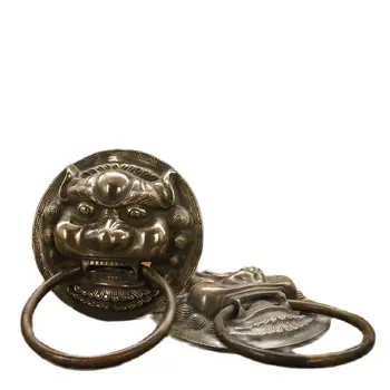 Koleksiyon Çin eski bronz Aslan kafası kapı zilleri, bir çift metal el sanatları kapı zilleri, uzun 22 cm, witdh 30 cm