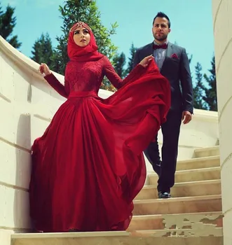 Kırmızı Müslüman Abiye A-line Uzun Kollu Şifon Aplikler Dantel İslam Dubai Suudi Arapça Uzun Resmi gece elbisesi