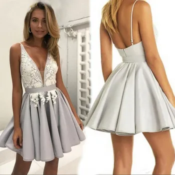 Kısa Gümüş Kokteyl Elbisesi 2021 Boncuk V Boyun Dantel Mini Gri Genç Kız Mezuniyet Elbisesi Kısa Mezuniyet Elbise robe de soriee