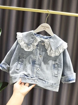 Kızlar Denim Ceket Bahar Sonbahar Yeni Bebek Çocuk Kore Üst Giysi Moda Dantel Mont  & 