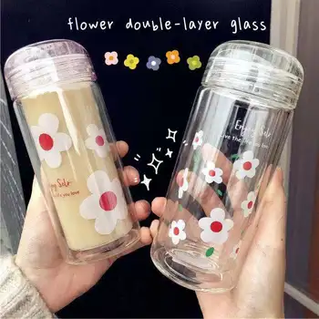 Kızın Kalp Su Bardağı Hyuna Tarzı Sevimli Çiçek çift Cam Bardak Kız Öğrenci Kore Anti-haşlanma Süt Kahve Fincanı
