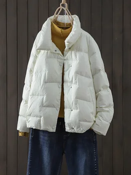 Kış Kadın 90 % Beyaz Ördek Aşağı Ceket Rahat Kadın Standı Yaka Tek Göğüslü Ceket Gevşek Kalın Sıcak Dış Giyim