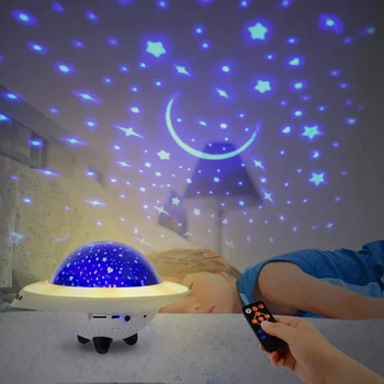 Led yıldız gece ışık projektör lambası çocuk gece lambası ile bluetooth hoparlör 7 aydınlatma modları dönen Ufo yıldız ışık projektör