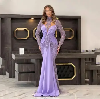 Leylak Lavanta Mermaid Abiye Uzun Kollu 2023 Yüksek Boyun Parlak Dantel Boncuklu Glitter Arapça Balo Durum Elbise