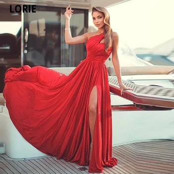 LORIE Moda Kırmızı Şifon Bir Omuz Seksi Yan Yarık Akşam Parti Elbiseler A-line Dubia Örgün Balo Abiye Sukienka Wieczorowa