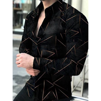 Lüks Moda Sosyal Erkek Gömlek Turn-aşağı Yaka Düğmeli Gömlek Casual Geometrik Baskı Uzun Kollu Üstleri Erkek Giyim Hırka