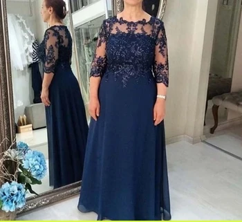 Mavi Anne Gelin Elbiseler A-line 3/4 Kollu Şifon Aplikler Boncuklu Artı Boyutu Uzun Anne Elbise Düğün İçin