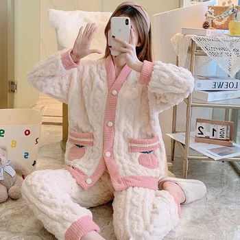 Mercan Polar Pijama Kadın Kış sıcak Kawaii Pijama Seti Kalınlaşmak Fanila Sevimli Kız Gevşek Uzun Üstleri ve Dipleri Gecelikler
