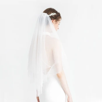 MH03 Zarif Dirsek Uzunluğu Düğün Gelin Veils Tek Katmanlı Düz Tül Kesim Kenar İnciler Boncuk Evlilik Gelin Beyaz Peçe