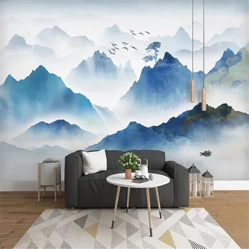 Milofi özel büyük duvar kağıdı duvar yeni Çin tarzı mavi mürekkep manzara kuş oturma odası soyut TV arka plan duvar