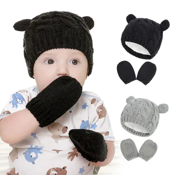 Moda Yenidoğan Bebek Örme Pamuk Ayı Kulaklar Şapka ve Kış Sıcak Eldiven Seti Bebek Kız Düz Renk Kapaklar Çocuklar Doğum Günü Hediyeleri