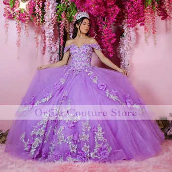 Mor 3D Çiçekler Quinceanera elbise Balo Örgün Balo Mezuniyet Törenlerinde Prenses Tatlı 15 16 Elbise Kapalı Omuz