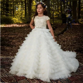 Muhteşem Çiçek Kız Elbise Kabarık Tül Pageant Doğum Günü partisi Aplike Prenses Elbisesi İlk Communion Elbise