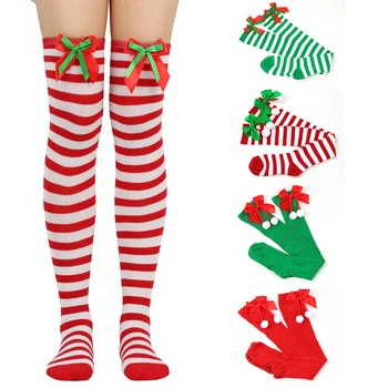 Noel Yeşil Kırmızı Çorap Çizgili Diz Üzerinde İlmek Uzun Çorap