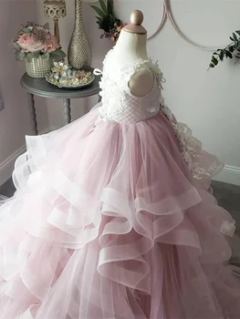 Pembe Kristaller Boncuklu Çiçek Kız Elbise V Yaka Balo Elbisesi Sequins Tül Küçük Kız İlk Communion Elbise Pageant Törenlerinde