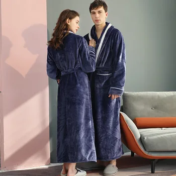 Pijama Samimi İç Çamaşırı Uzun Bornoz Çift Mercan Polar Elbise Kış sıcak Kimono Kalınlaşmak Lacivert Pazen Kıyafeti